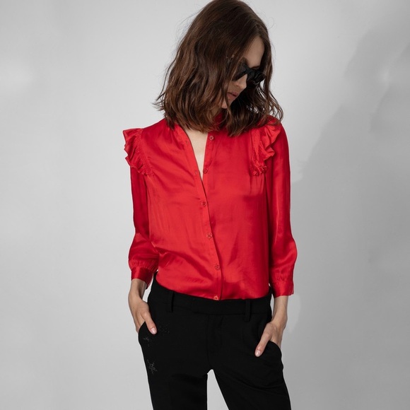 Zadig & Voltaire Tops - NWT Zadig & Voltaire Tygg Satin Red Button Blouse with 3/4 sleeves